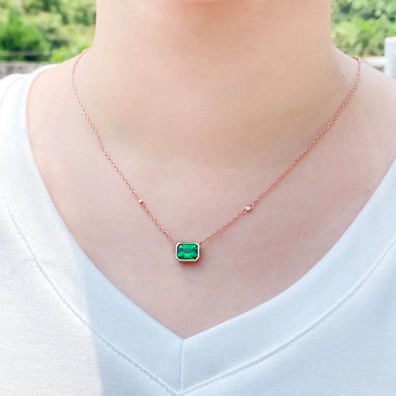 Lab Grown Dimaond and Lab Emerald Necklace for Women Solid 18K 14K 10K 925 Sliver Yellow Gold Emerald Pendant for Anniversary