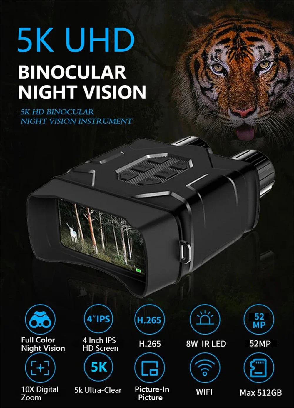NV016 WiFi Binoculars 5K UHD Night Vision 4Inch Screen 52MP 10X Digital Zoom Low/No Light Vision Telescope for Hunting Camping