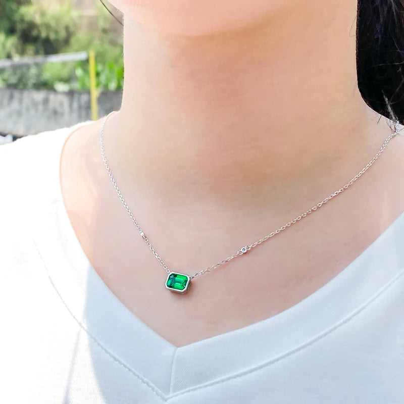 Lab Grown Dimaond and Lab Emerald Necklace for Women Solid 18K 14K 10K 925 Sliver Yellow Gold Emerald Pendant for Anniversary