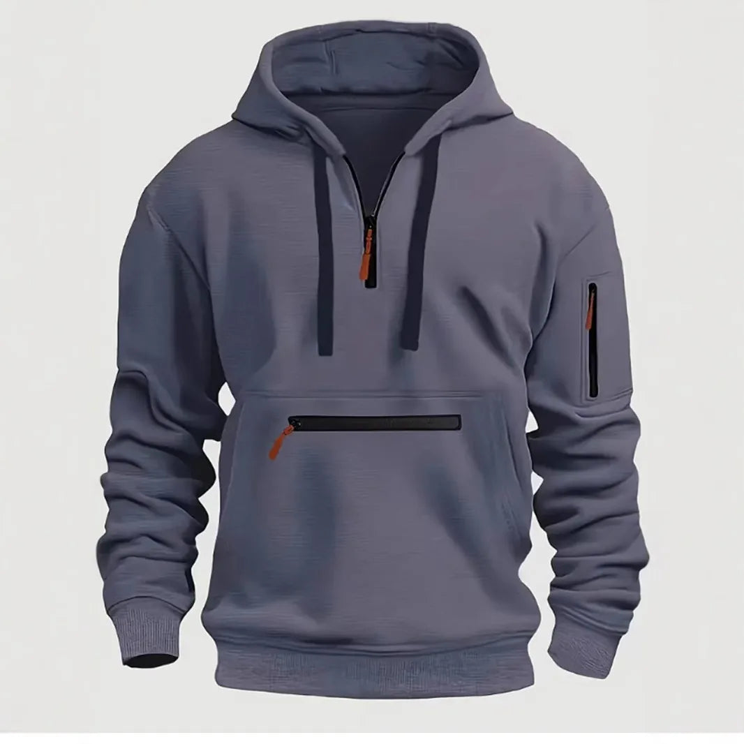 Men's hooded drawstring zipper pocket autumn and winter Hoodies fashion casual daily street solid color plus cashmere warm Tops