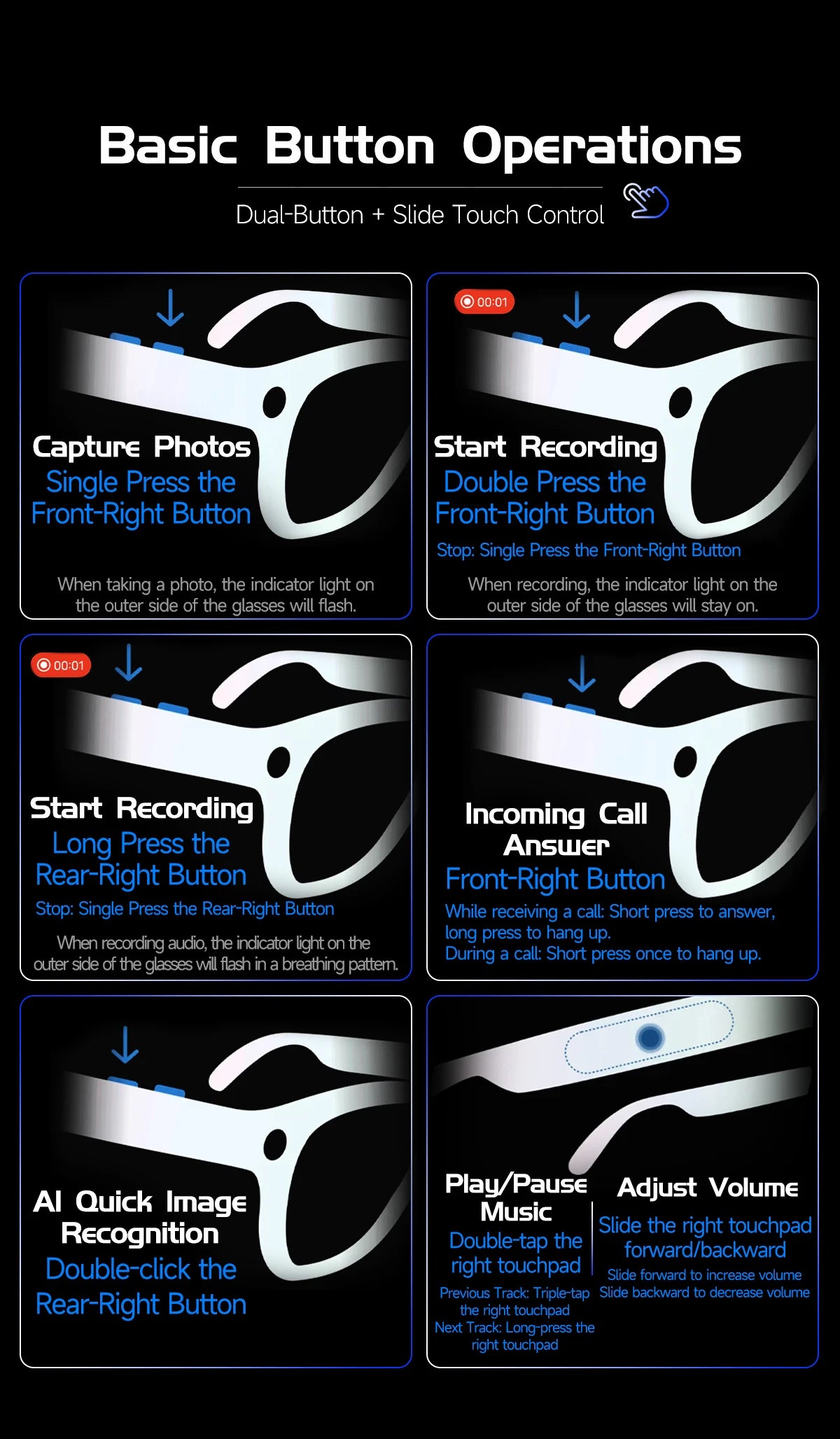 AI Smart Glasses 8 Million Pixels Recording Videos Photo Recognition Answer Translation 290mAh IP66 Waterproof Bluetooth Glasses