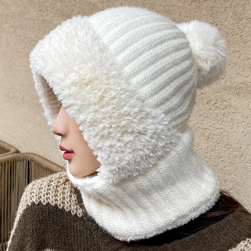 Winter Warm Balaclava Hat Thermal Knitting Plush Face Mask Hooded Neck Warmer for Outdoor Hike Cycling Cold-proof Cap