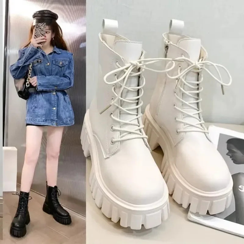 Winter Boots Female 2025 New British Womens Shoes Thick Bottom Mid-calf Single Boots Thick Heeled Casual Ankle Boots for Women