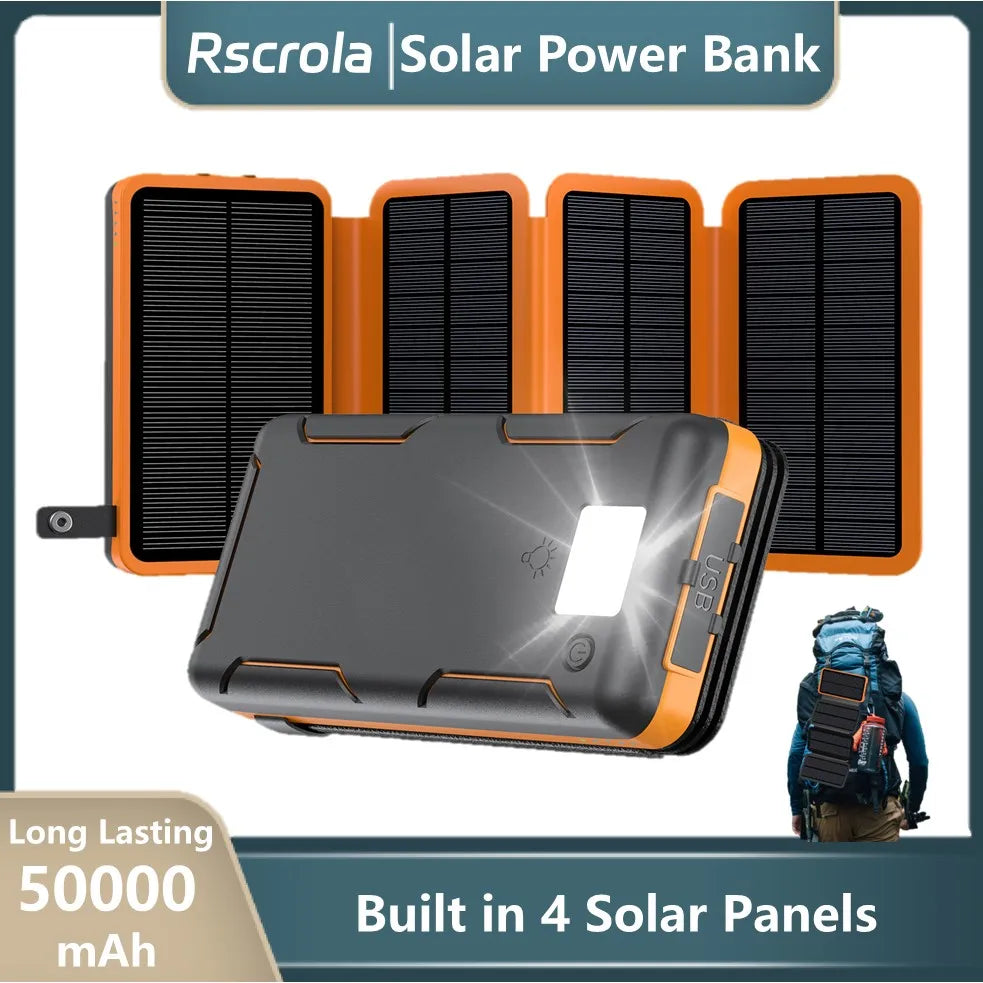 Portable Solar Power Bank,50000mAh External Solar Power Supply,Compatible with IOS Android USB-A And USB-C Charging Outdoor Camp