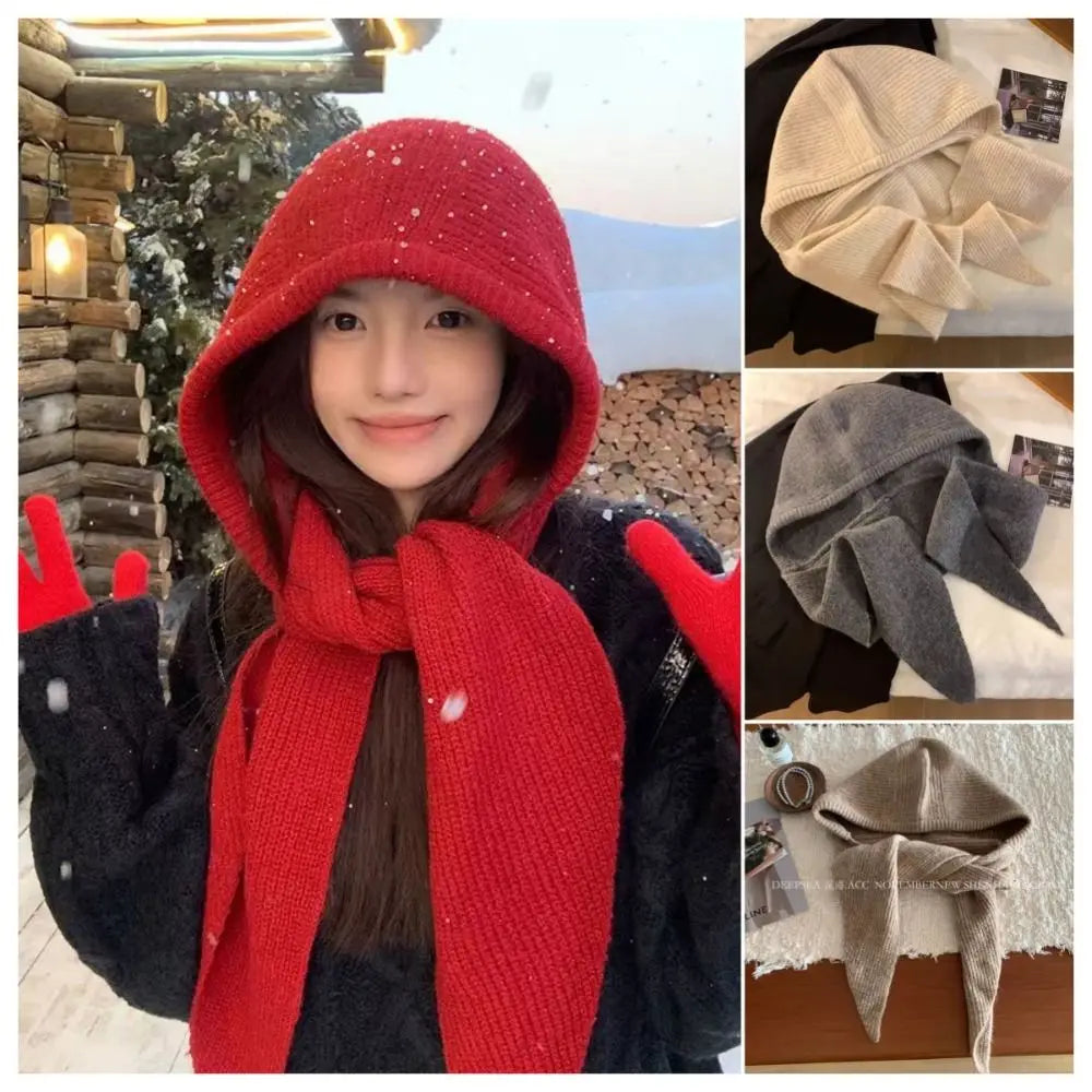 Knitted Winter Balaclava One-Piece Hooded Hat Ear Protection Cap Winter Accessories Thickened Neck Collar Unisex Wear