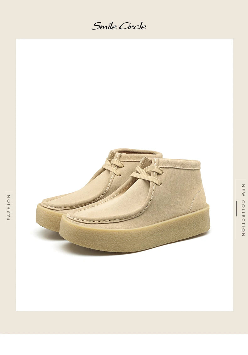 Smile Circle Wallabee Cup Cow Suede Leather Shoes Women Lace up Ankle Boots Thick Bottom Comfortable Flat Casual Sho
