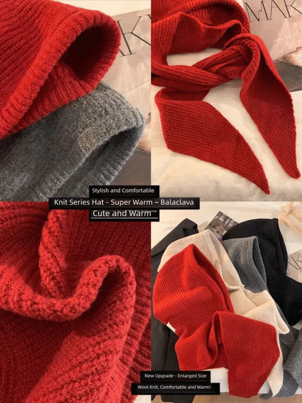 Knitted Winter Balaclava One-Piece Hooded Hat Ear Protection Cap Winter Accessories Thickened Neck Collar Unisex Wear