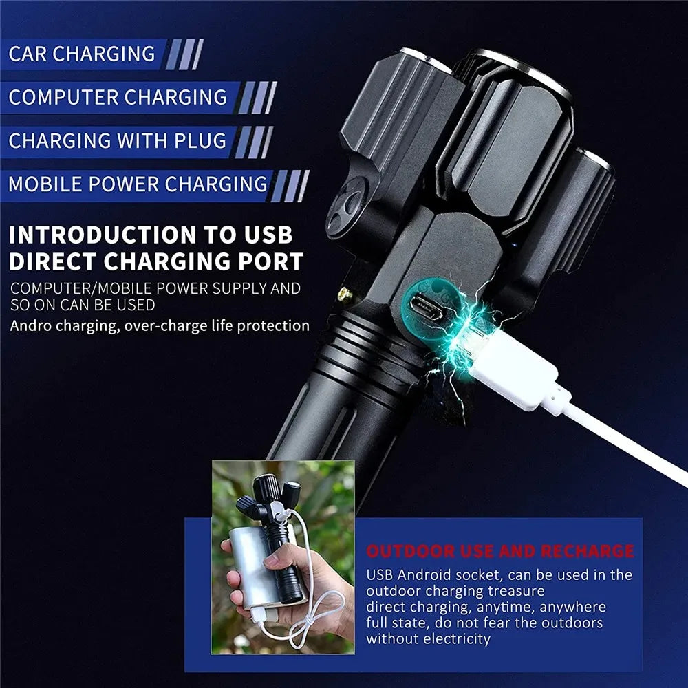 Tactical Flashlight 13000 Lumens 360' Adjustable USB Rechargeable Torch 18650 Hand Lamp Zoomable Bicycle Light Best For Camping