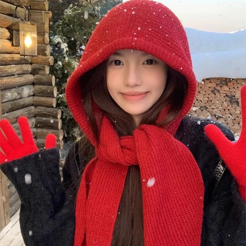 winter warm Balaclava Bonnet Women Beanies Hat Scarf One-piece Thickened Warm Neck Protection Winter Outdoor Thermal Scarf Hood