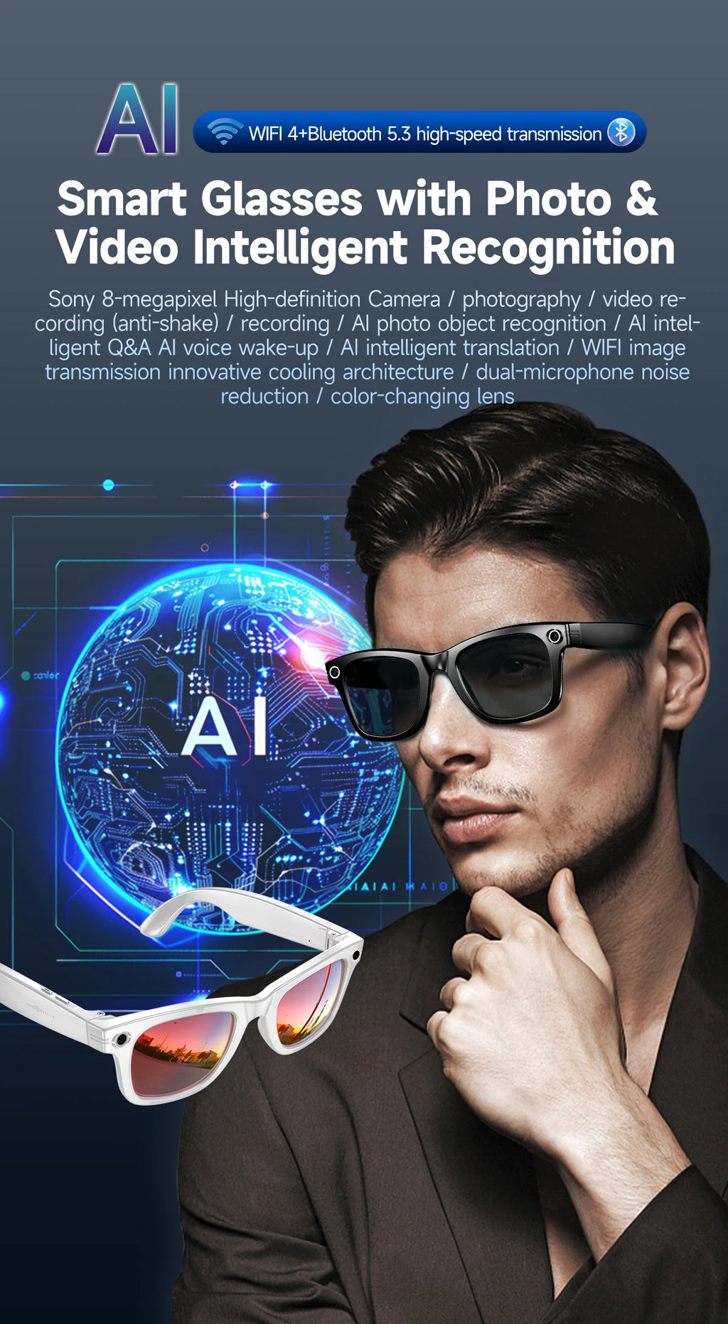 AI Smart Glasses 8K HD Photochromic Multifunction Translate Camera Glasse Bluetooth Call Voice Assistant Music Player Sunglasses