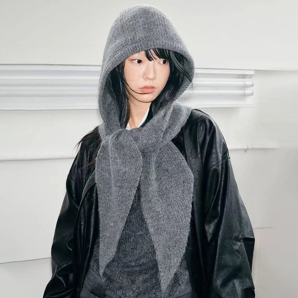 Knitted Winter Balaclava One-Piece Hooded Hat Ear Protection Cap Winter Accessories Thickened Neck Collar Unisex Wear