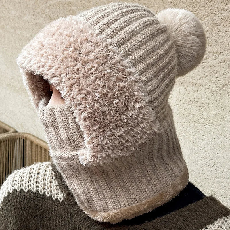 Winter Warm Balaclava Hat Thermal Knitting Plush Face Mask Hooded Neck Warmer for Outdoor Hike Cycling Cold-proof Cap