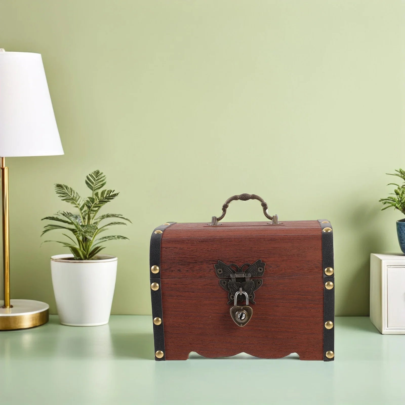 Vintage Wooden Treasure Box Lockable Jewelry Organizer Decorative Keepsake Chest for Home Decor 's Room Travel