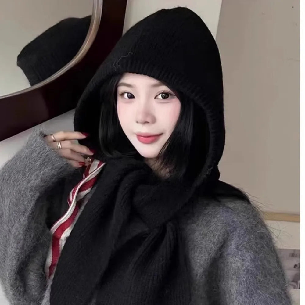 Knitted Winter Balaclava One-Piece Hooded Hat Ear Protection Cap Winter Accessories Thickened Neck Collar Unisex Wear